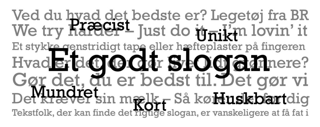 Et godt slogan er præcist, unikt, mundret, til at huske og kort!